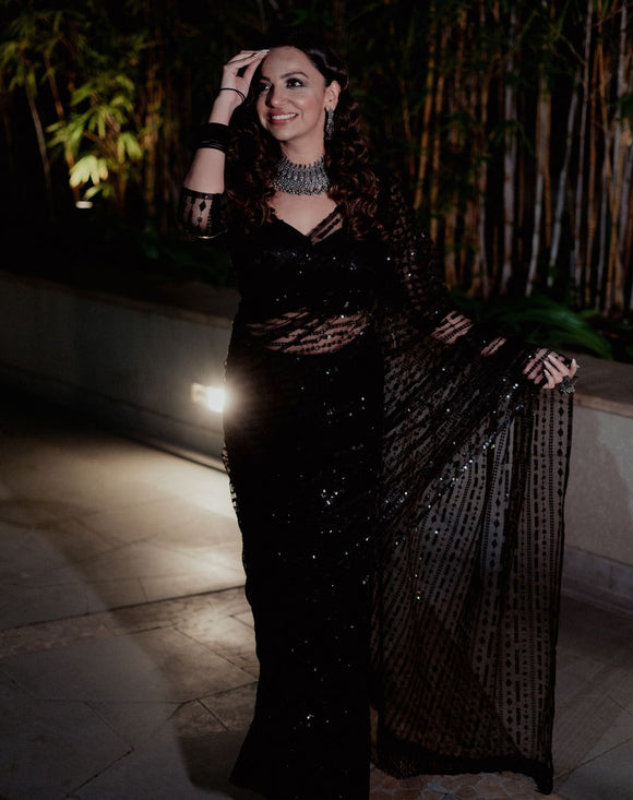 Black Net Saree with Heavy Sequins Work -SHREE001BS