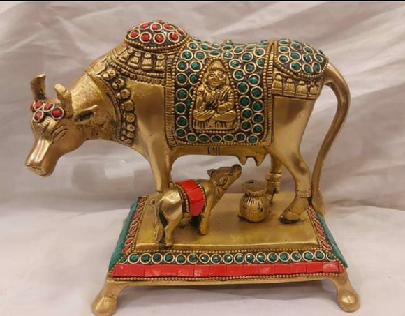 Blessed Kamdhenu , Brass Antique Finish Premium Quality Kamdhenu Idol With Stone work -SINI001KD