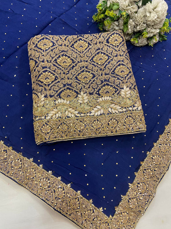 Indigo Blue  Shehanaz ,  Uppada Embroidered Suit With Upada Salwar and Chinon Duppatta-FASH001SSMIB