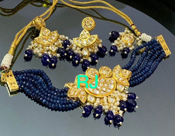 Blue Beads Gold plated Ahemdabadi Kundan choker set with tika and meena at back-MOE001BK
