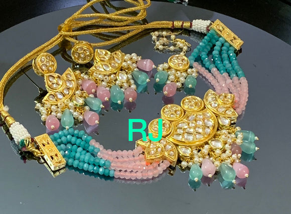 Pink and Blue Beads Gold plated Ahemdabadi Kundan choker set with tika and meena at back-MOE001PB