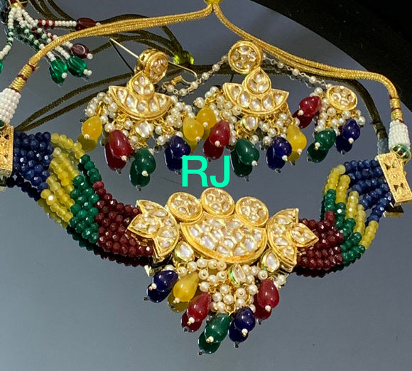 Multicolor  Beads Gold plated Ahemdabadi Kundan choker set with tika and meena at back-MOE001MC