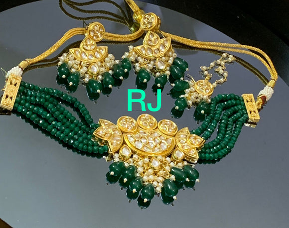 Green Beads Gold plated Ahemdabadi Kundan choker set with tika and meena at back-MOE001GK