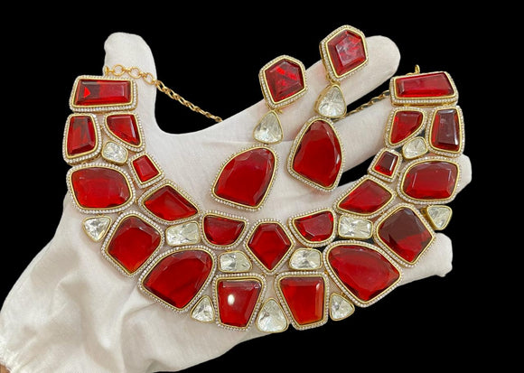 Vamika Red , Designer Gold finish Elegant Zircon Stone Necklace Set for Women-MOE001VR