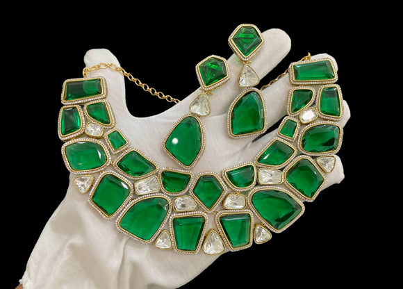 Vamika Green   , Designer Gold finish Elegant Zircon Stone Necklace Set for Women-MOE001VG