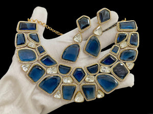 Vamika Blue  , Designer Gold finish Elegant Zircon Stone Necklace Set for Women-MOE001VB