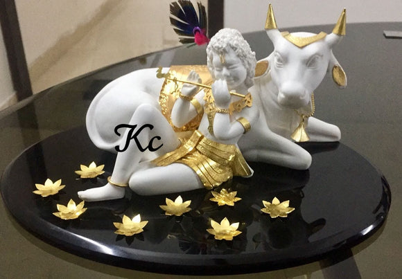 Beautiful Marble Finish Basuri Krishna Relaxing With Cow  -LR001KC