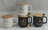 Set of 4 , Premium Ceramic Mug With Wooden Lid And Spoon Milk Cup and Coffee Mug stylish -BLF001CM