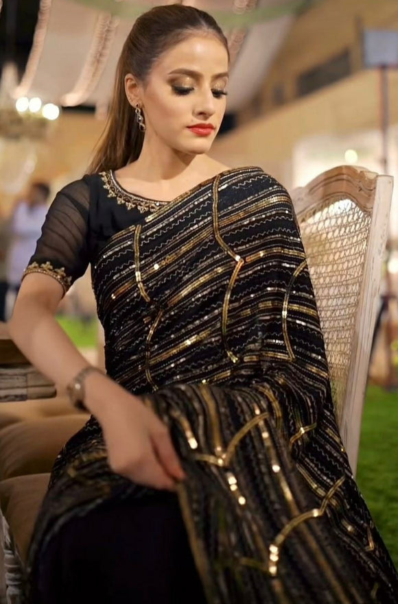 New party wear stylish Black Georgette Sequins Saree -MOE001BS