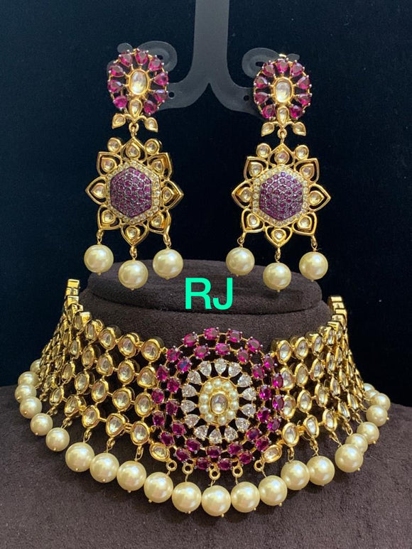 Swapna malini , elegant Semi precious Ruby Silver Foil Kundan Choker Replica Necklace Set for Women-MOE001KR