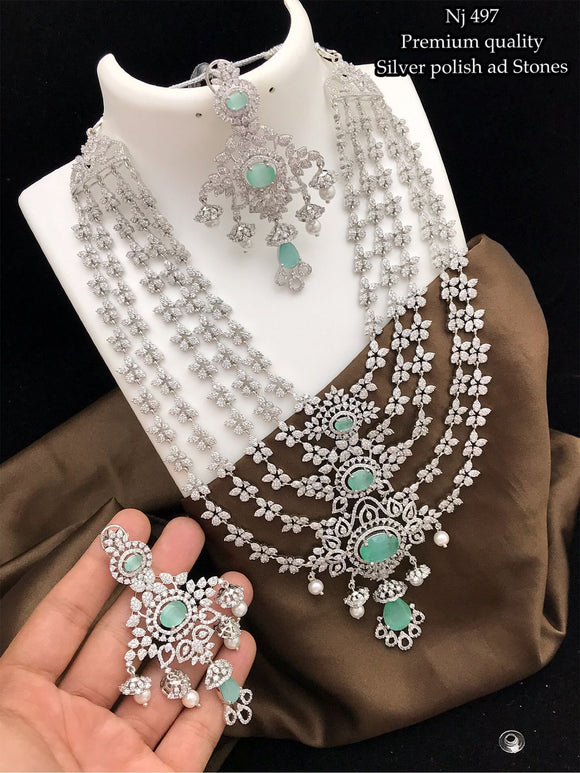 Banu priya  , Premium Platinum finish American Diamond Stone Necklace Set for women -SAYD001NSA