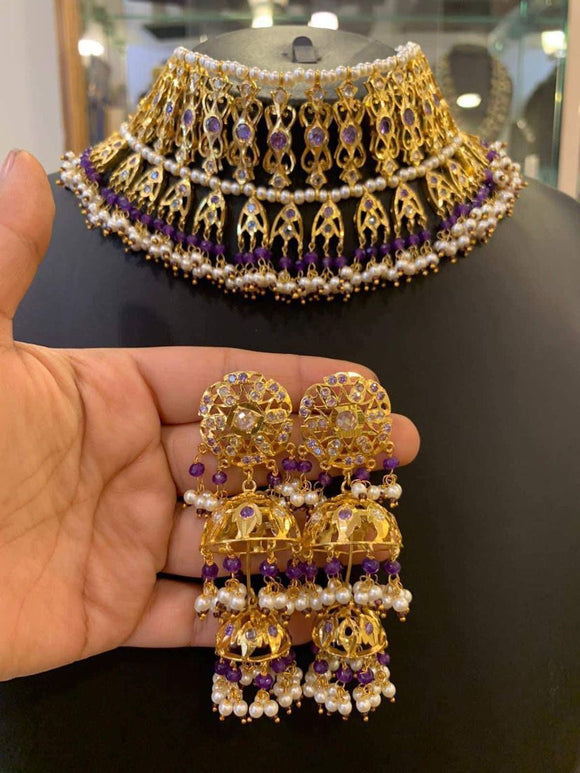 Alif Laila , elegant Lilac Bead Pearl Jadu Necklace Set for women -HYD001LNS