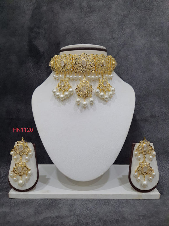 Nyjella  , Lovely Jadau Hyderabadi 5 Stone Necklace Set-HYD001SNS