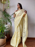 Semi  Organza Saree with beautiful color full lucknowi embroidery all over saree and silk blouse-GARI001OS
