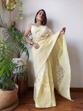 Semi  Organza Saree with beautiful color full lucknowi embroidery all over saree and silk blouse-GARI001OS