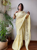 Semi  Organza Saree with beautiful color full lucknowi embroidery all over saree and silk blouse-GARI001OS