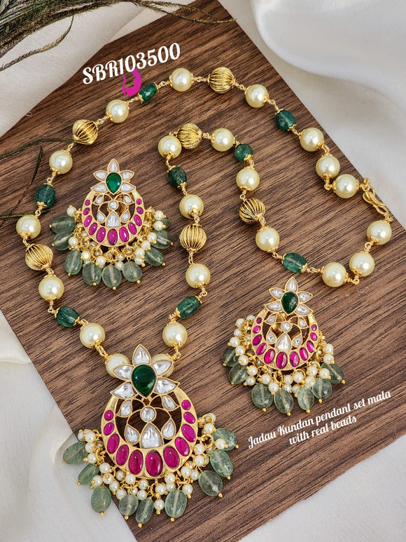 Jadau kundan pendant set mala with real beads-SAY001KPS