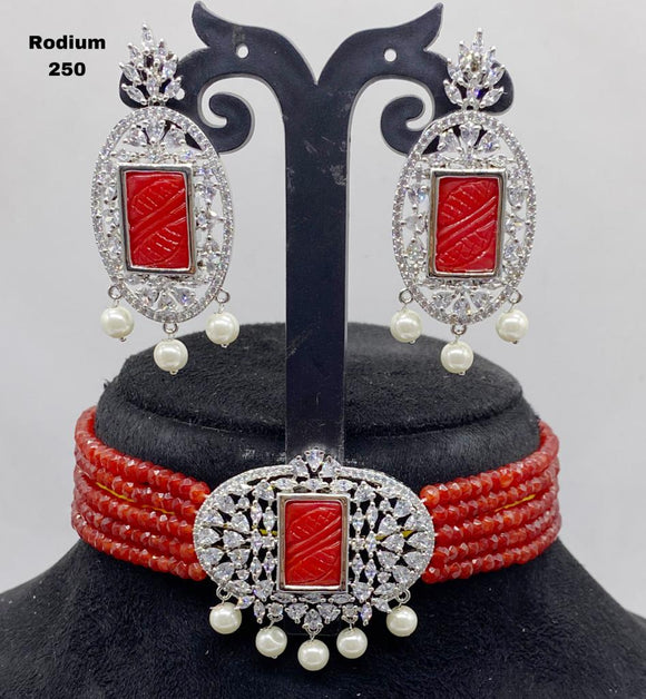 Red  Beads Studded Rhodium Finish Choker Necklace Set for Women-SANDY001BCH