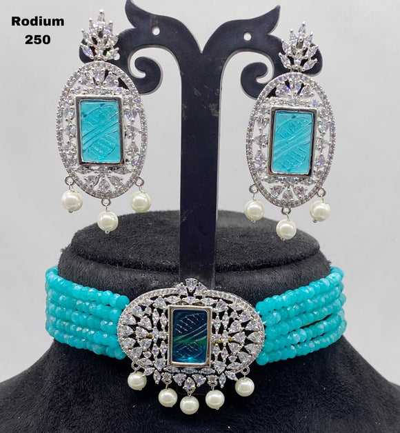 Sky Blue Beads Studded Rhodium Finish Choker Necklace Set for Women-SANDY001BCE