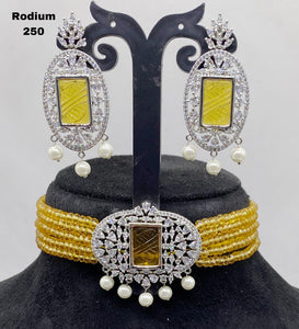 Golden Yellow  Beads Studded Rhodium Finish Choker Necklace Set for Women-SANDY001BCF