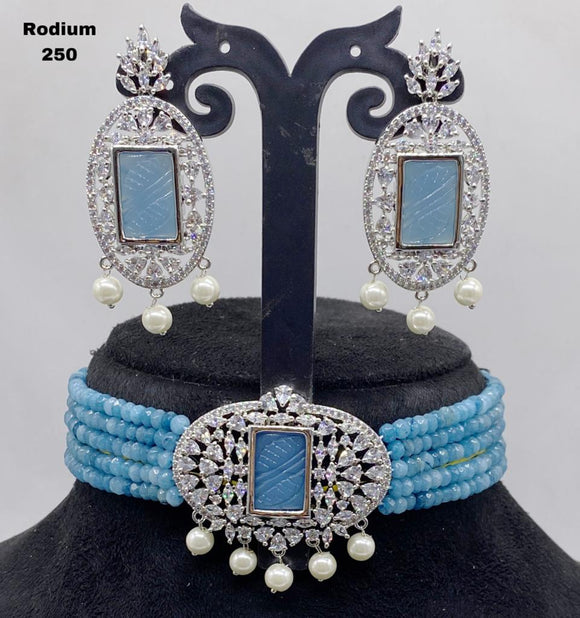 Shaded Blue   Beads Studded Rhodium Finish Choker Necklace Set for Women-SANDY001BCG