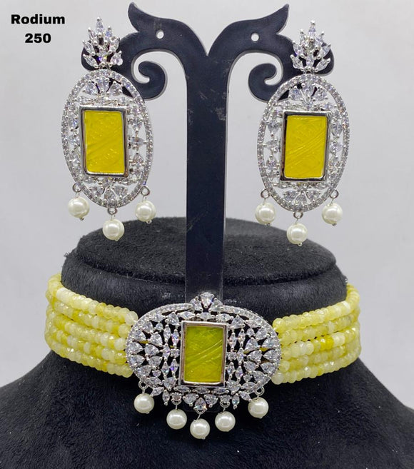 Lemon Yellow  Beads Studded Rhodium Finish Choker Necklace Set for Women-SANDY001BCD