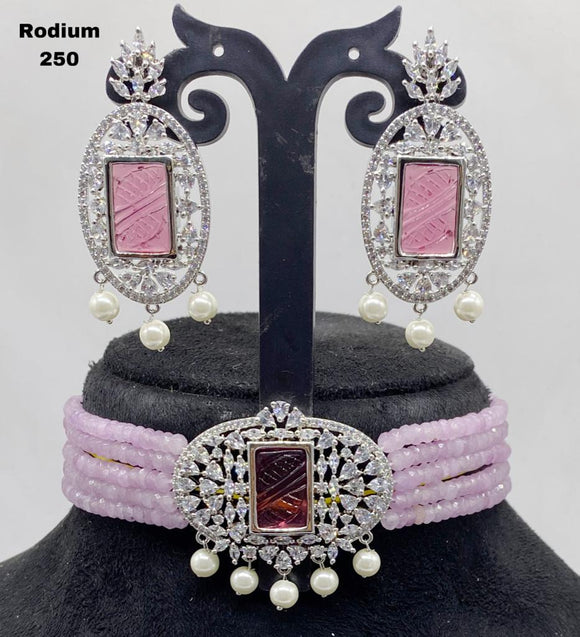 Pastel Pink Beads Studded Rhodium Finish Choker Necklace Set for Women-SANDY001BCB