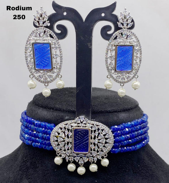 Deep Blue  Beads Studded Rhodium Finish Choker Necklace Set for Women-SANDY001BCC