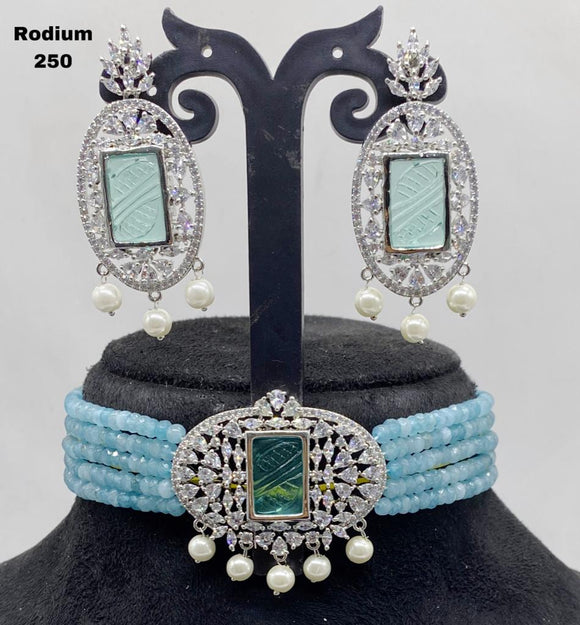 Pastel Blue Beads Studded Rhodium Finish Choker Necklace Set for Women-SANDY001BCA