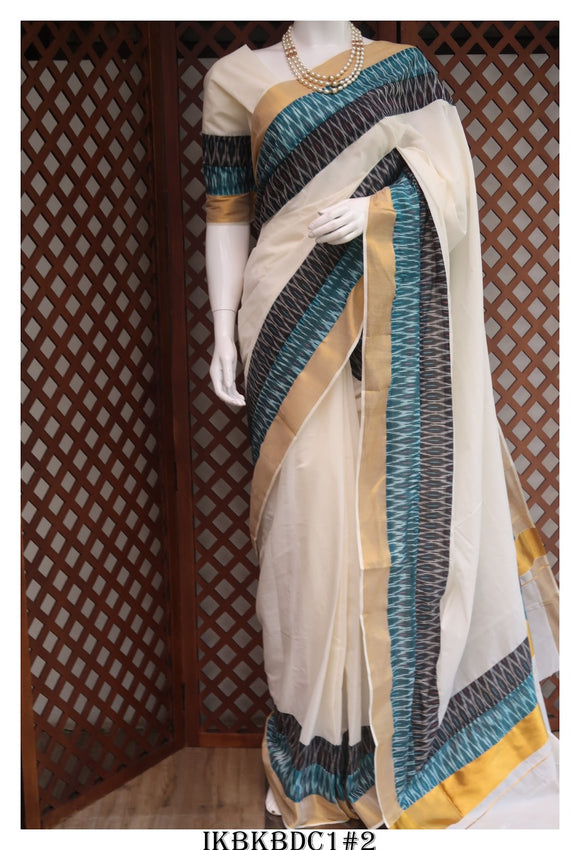 Vydehi , Kerala Cotton Saree with Double Ikkat Patch Border with Running Blouse with Ikkat Patch -KIA001IKS