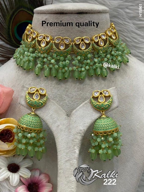 Green Aura , Green Beautiful Kundan Necklace Set with Green Beads Hanging with matching Jumka-SANDY001GNS