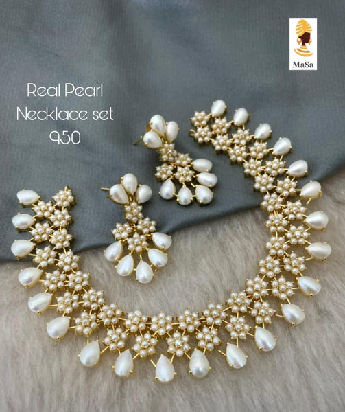 Floral Stone Studded White Pearl Necklace Set - Chandrani Pearls