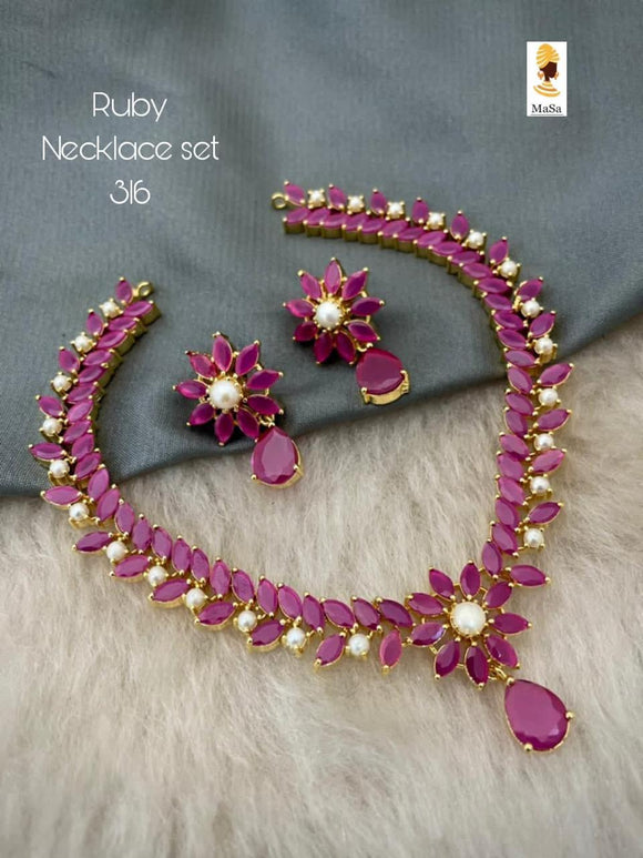 22K Gold Ruby Necklace & Drop Earrings Set - 235-235-GS3846 in 38.000 Grams