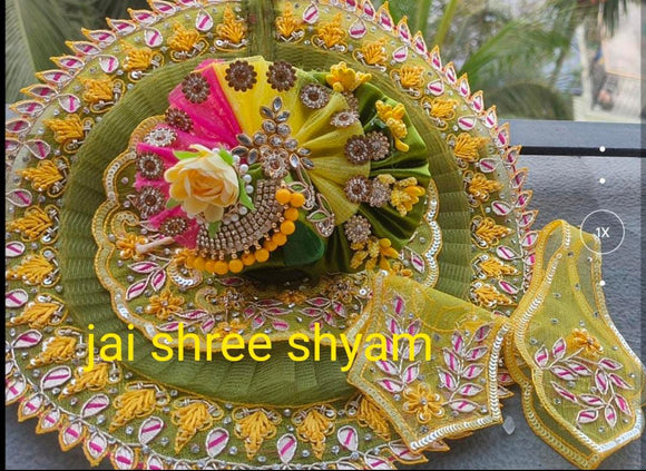 Radha Madhav , Yellow and Green shade Elegant  Designer Poshak with Mukut for Laddu Gopal-BRIJ001PE