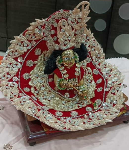Shyam Hare, Red Elegant Heavy Designer Poshak with Mukut for Laddu Gopal-BRIJ001RP