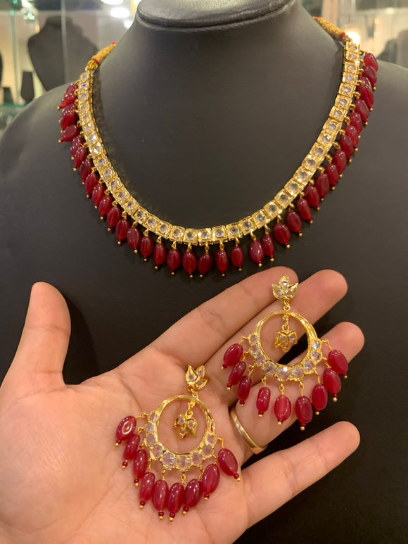 Maya Red , Red shade beads hanging Bridal Necklace Set for women -HYD001RB