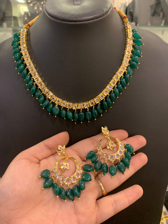 Maya Jade , Green shade beads hanging Bridal Necklace Set for women -HYD001GB