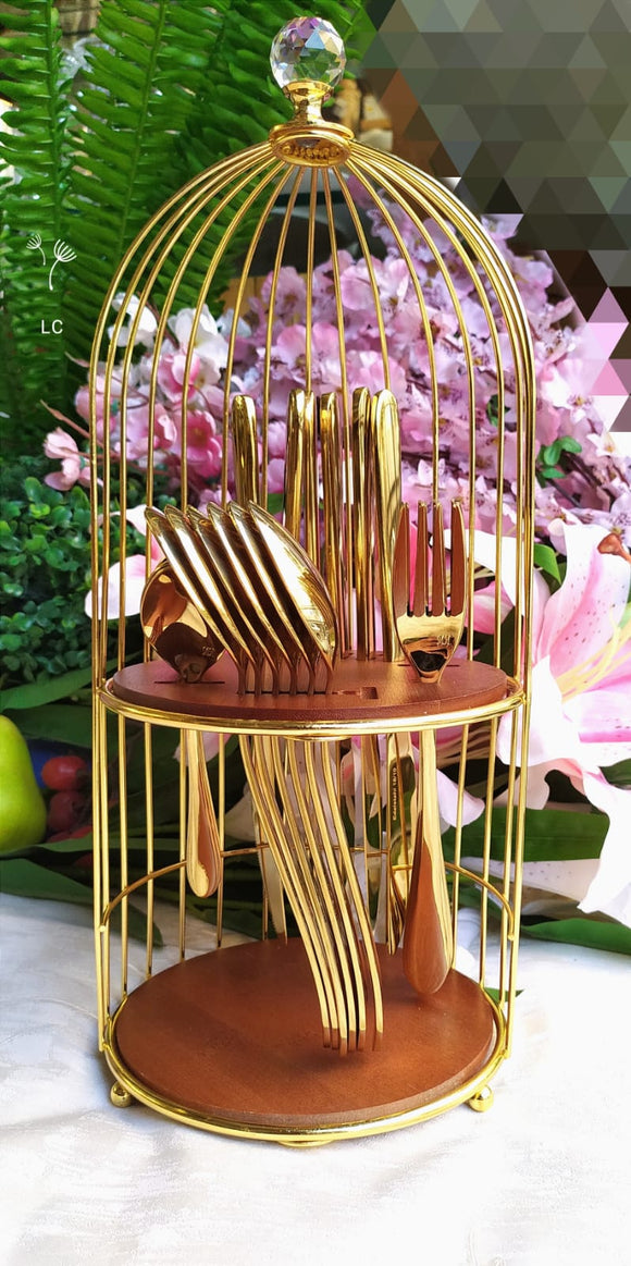 Elegant Golden Finish Cutlery Set with Stand-PRIYA001GS