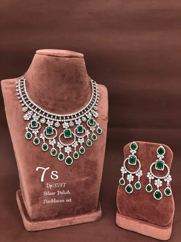 Silver Polish Green stone studded Necklace Set for women-SANDY001GN
