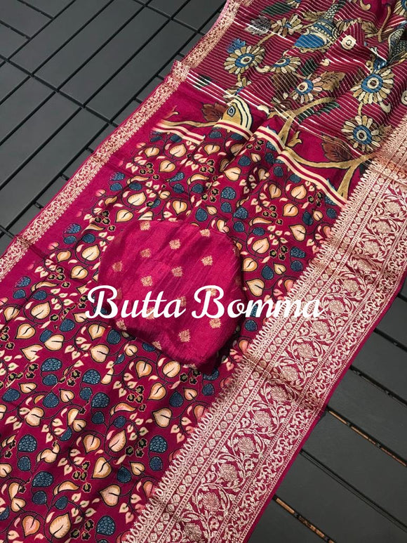 Pink shade Buttabomma  Pure Viscose Dola  Silk  Saree with Kalamkari digital print-GAYU001P