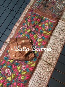Brown shade Buttabomma  Pure Viscose Dola  Silk  Saree with Kalamkari digital print-GAYU001BS