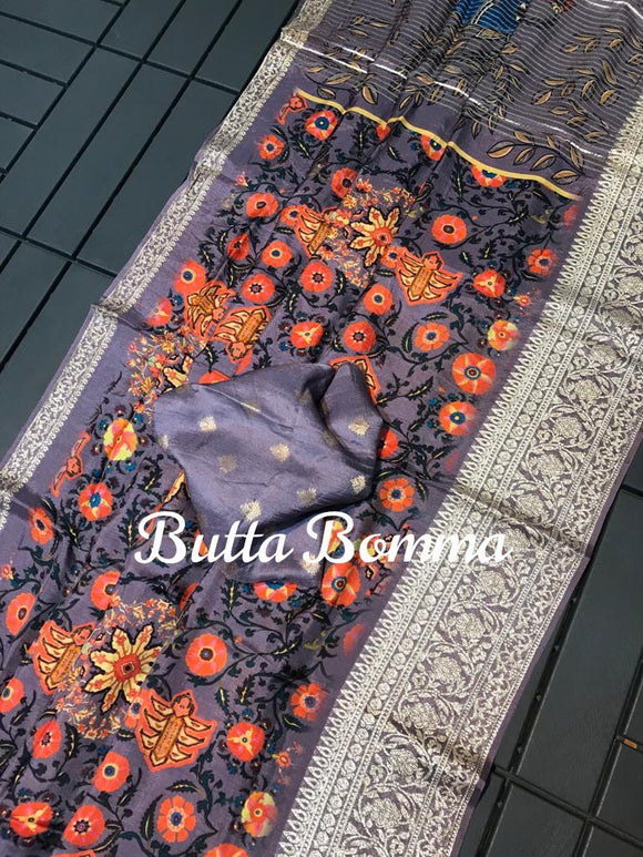 Lilac shade Buttabmma  Pure Viscose Dola  Silk  Saree with Kalamkari digital print with rich zari Weaving border and pallu-GAYU001LS