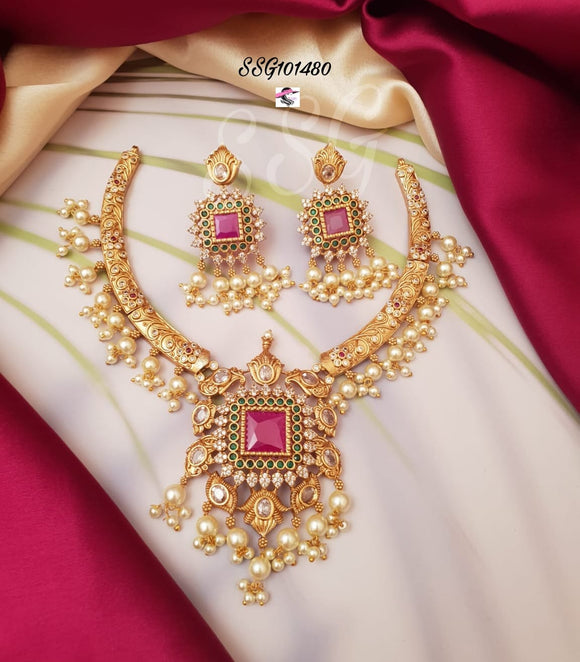 Sowparnika , Gold finish Necklace Set with Pearls for Women -SAY001NSB