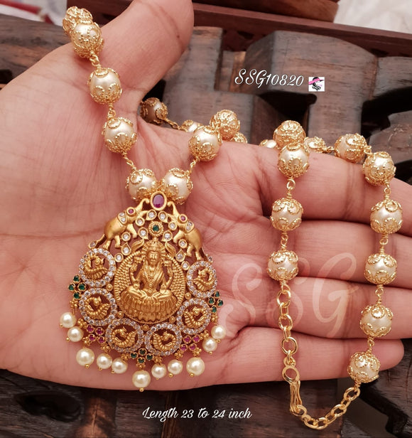 Vanamalika , Gold finish Lakshmi Pendant   with Pearls Chain for Women -SAY001PS