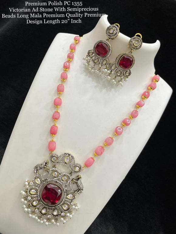 Ruby Beauty , Victorian American Diamond with Semi precious beads Long Necklace Set for Women-SAY001RNS