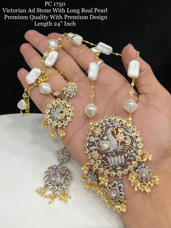 Suprabha , Victorian American Diamond Stones with Real Pearls Long Necklace Set for Women-SAY001LNSA