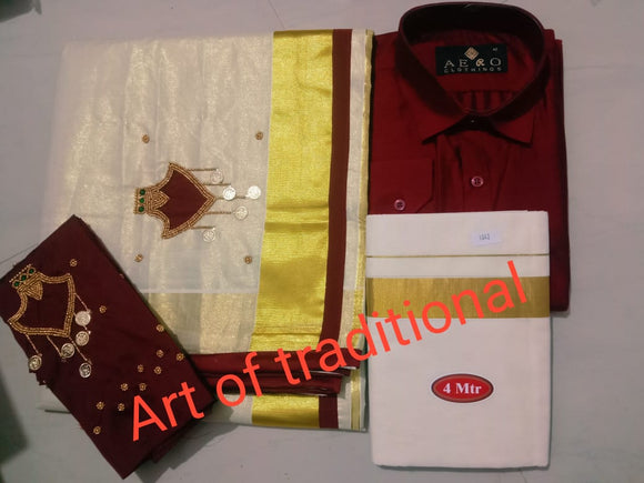 Golden tissue saree palakka design with coin work with blouse and Mens Dress Combo-SAHE001DC