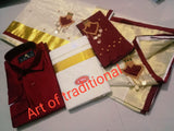 Golden tissue saree palakka design with coin work with blouse and Mens Dress Combo-SAHE001DC
