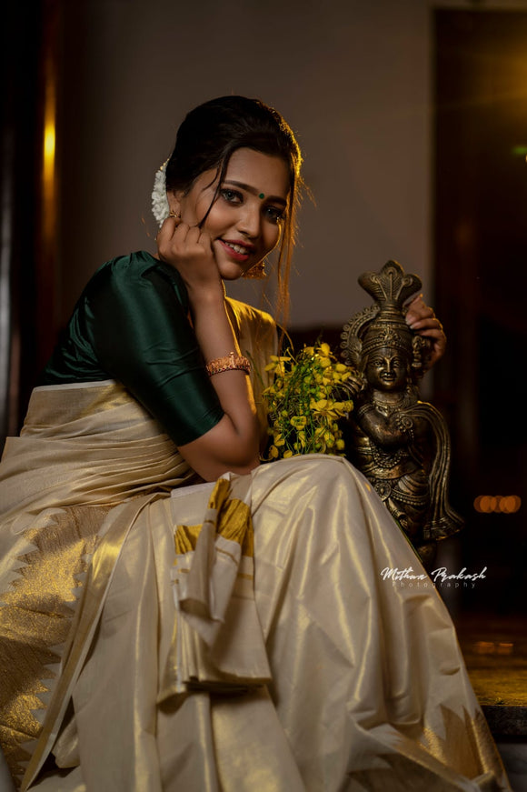 Elegant Kerala Style Vishu Special golden   tissue saree for women -SAHE001GT