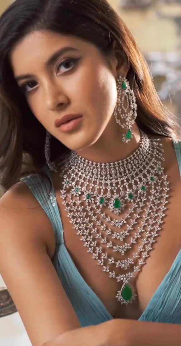Anaida , Premium Heavy American Diamond Bridal Designer  Emerald Stone Necklace Set for Women-MOE001HAD